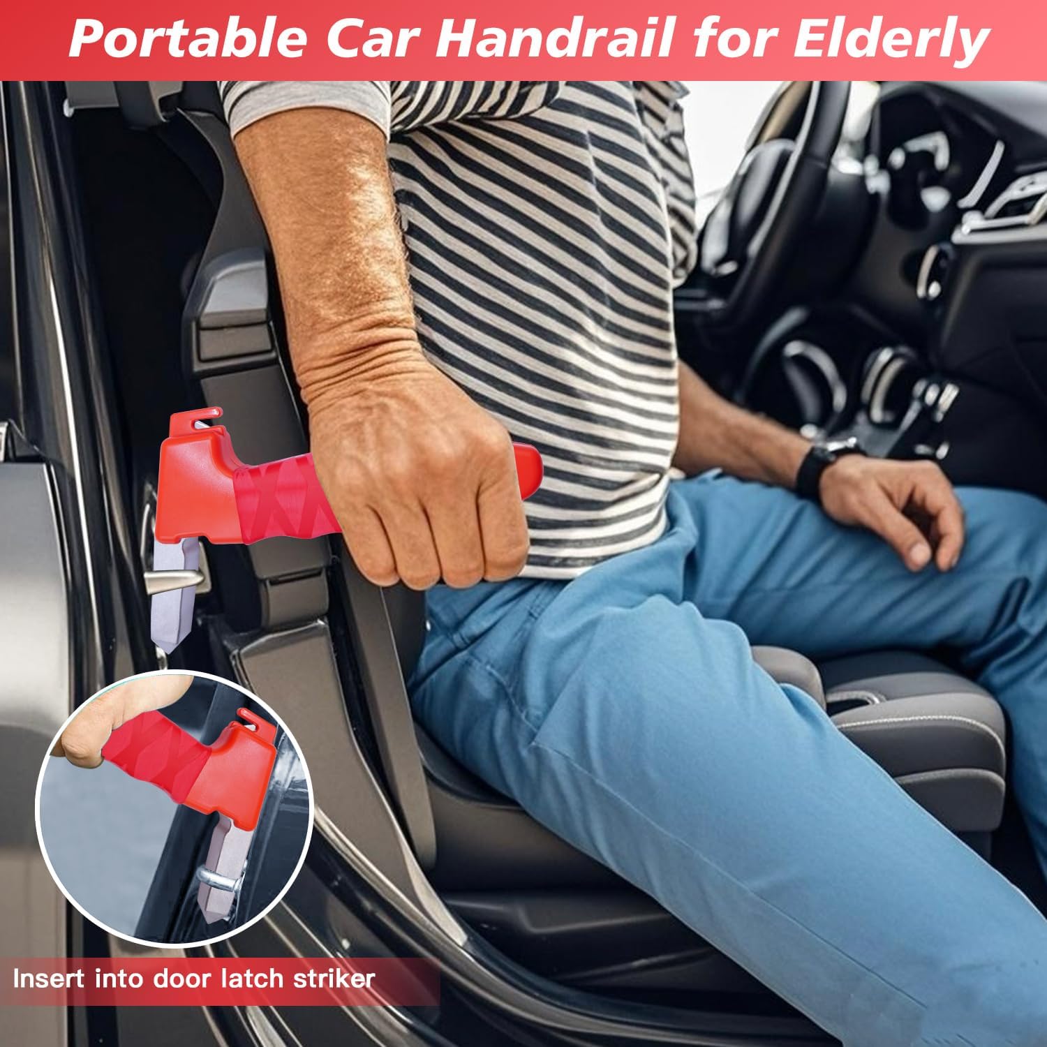 Elderly woman using Tesheer car door assist handle to get out of car safely