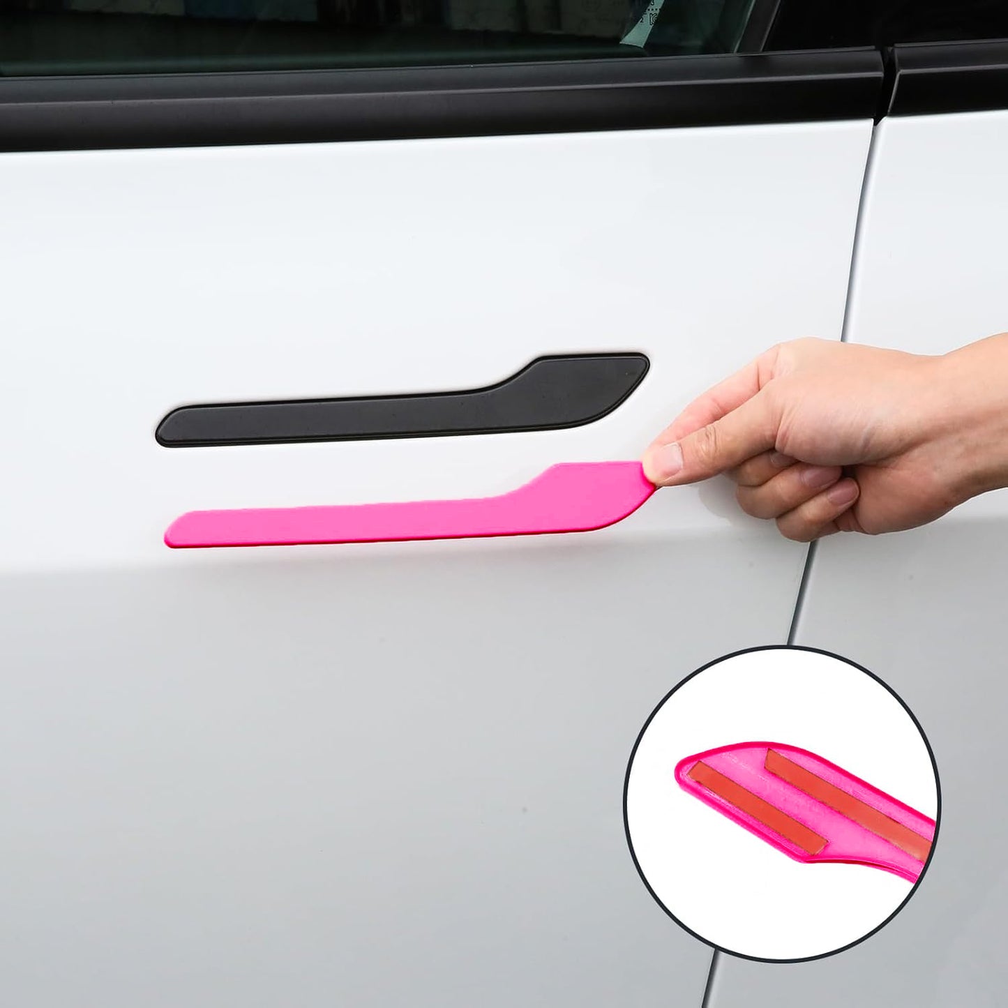 Fuchsia door handle wrap installed on Tesla Model Y Juniper close-up