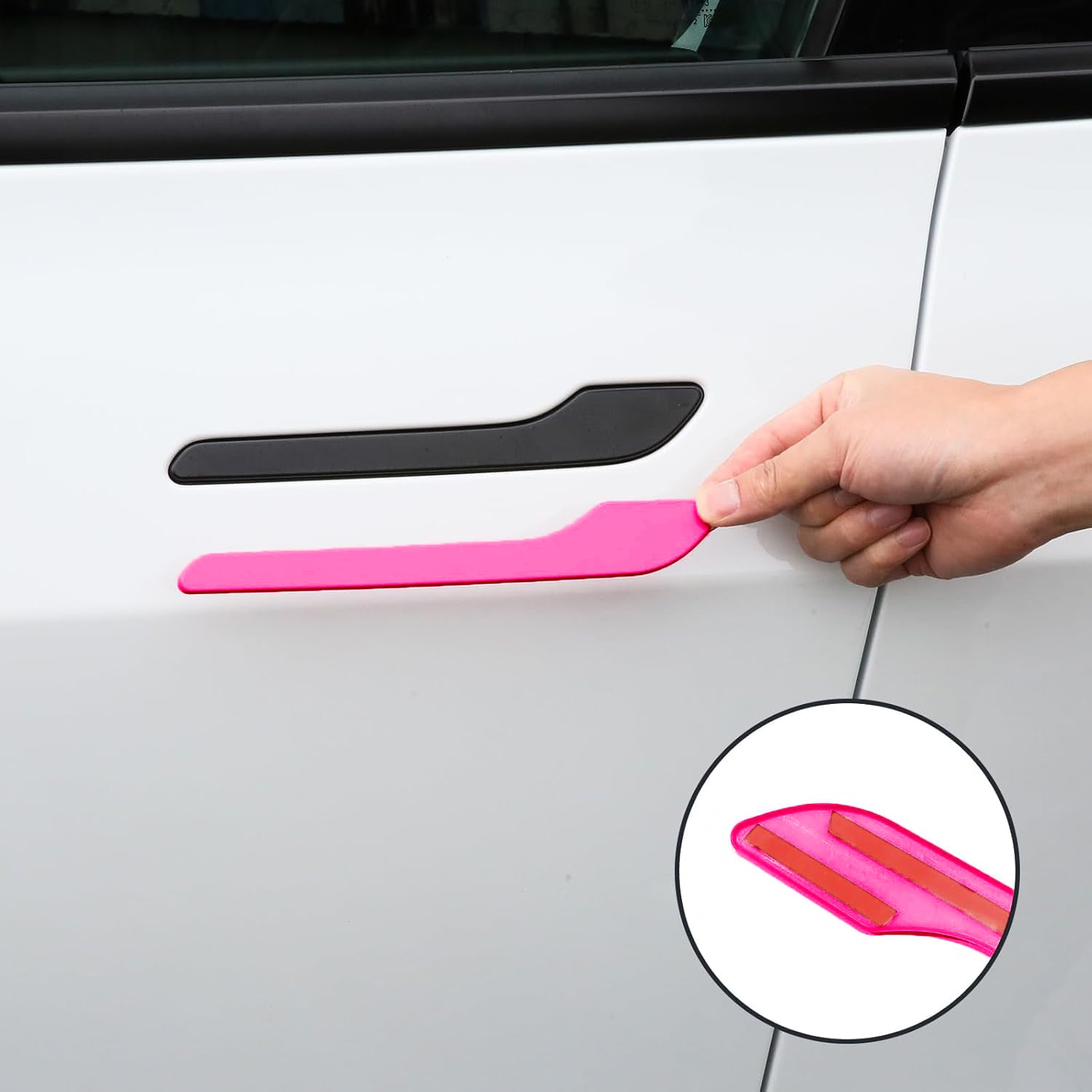 Fuchsia door handle wrap installed on Tesla Model Y Juniper close-up