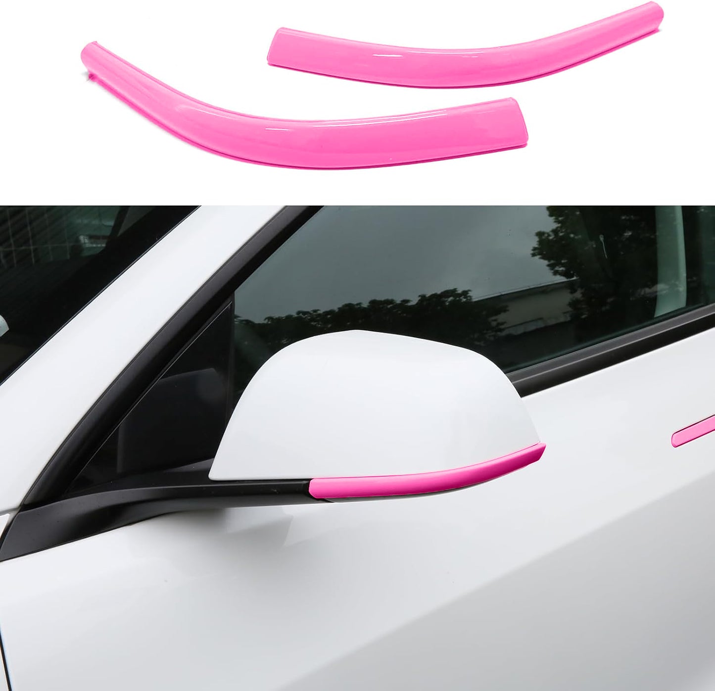 Fuchsia side mirror trim strip on Tesla Model Y Juniper mirror