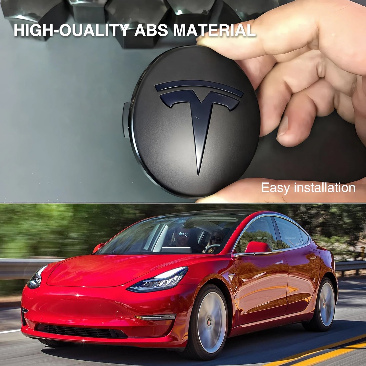 Tesheer Glossy Black Wheel Center Cap Kit for Tesla Model 3/Y – 4 Caps + 20 Lug Covers