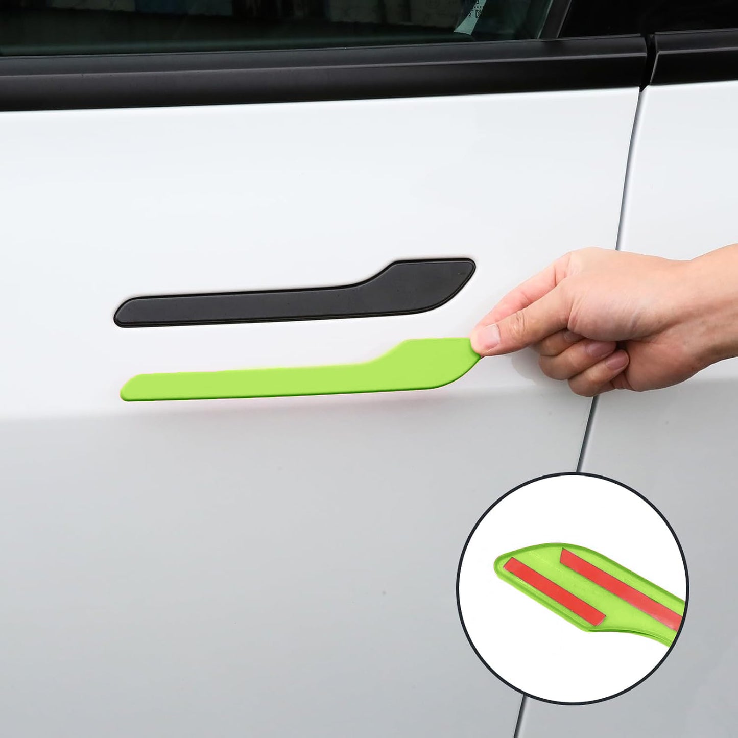 Green door handle wrap installed on Tesla Model Y Juniper door handle close-up view