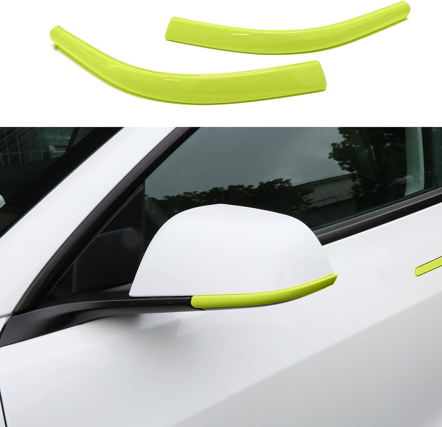 Green side mirror trim strip installed on Tesla Model Y Juniper mirror