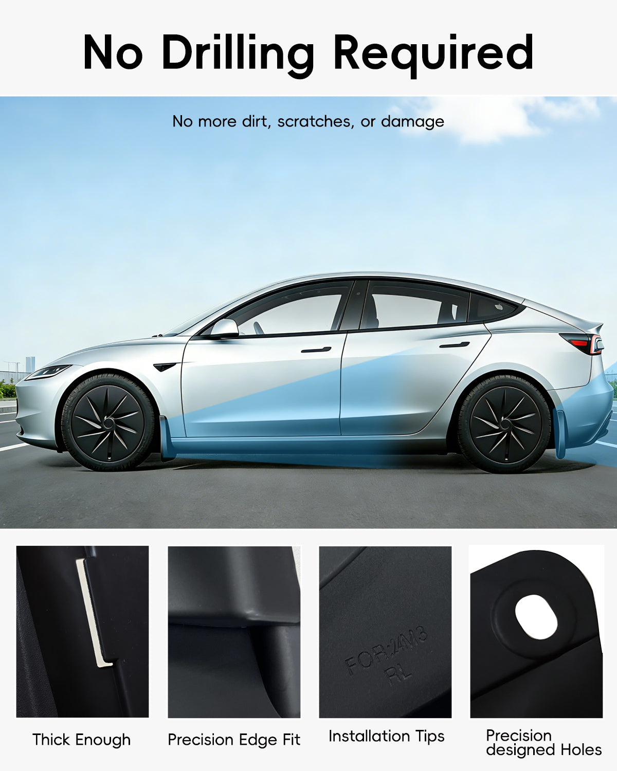 Tesheer Mud Flaps for 2024–2026 Tesla Model 3 Highland – No-Drill Splash Guards, Set of 4