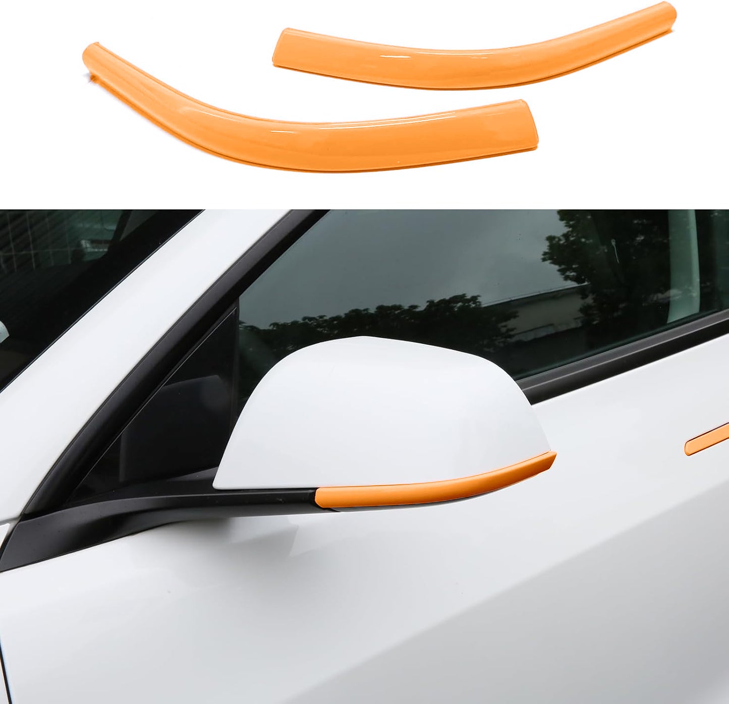 Orange side mirror trim strip on Tesla Model 3 Highland redesigned mirror