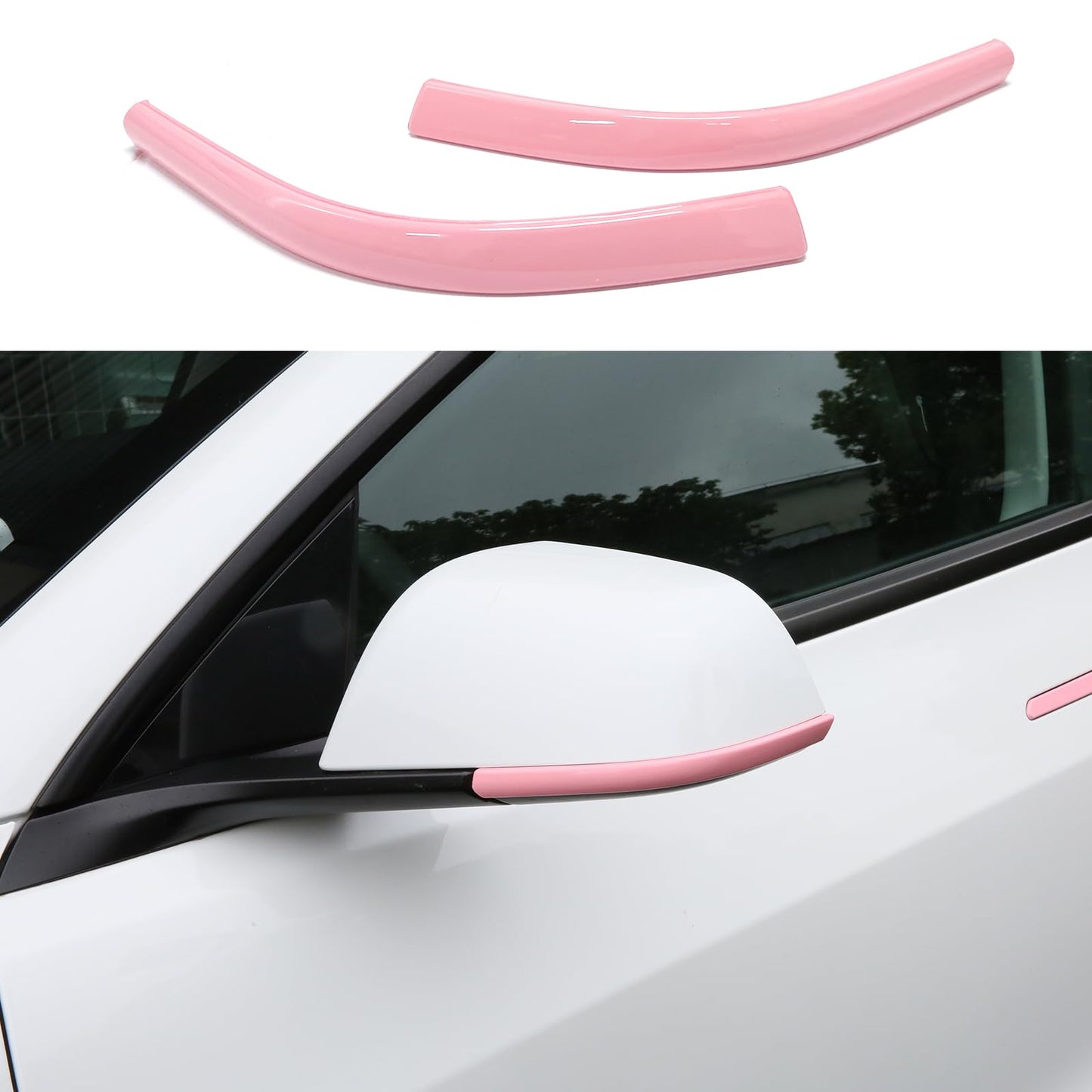 Pink side mirror trim strip on Tesla Model 3 Highland redesigned mirror