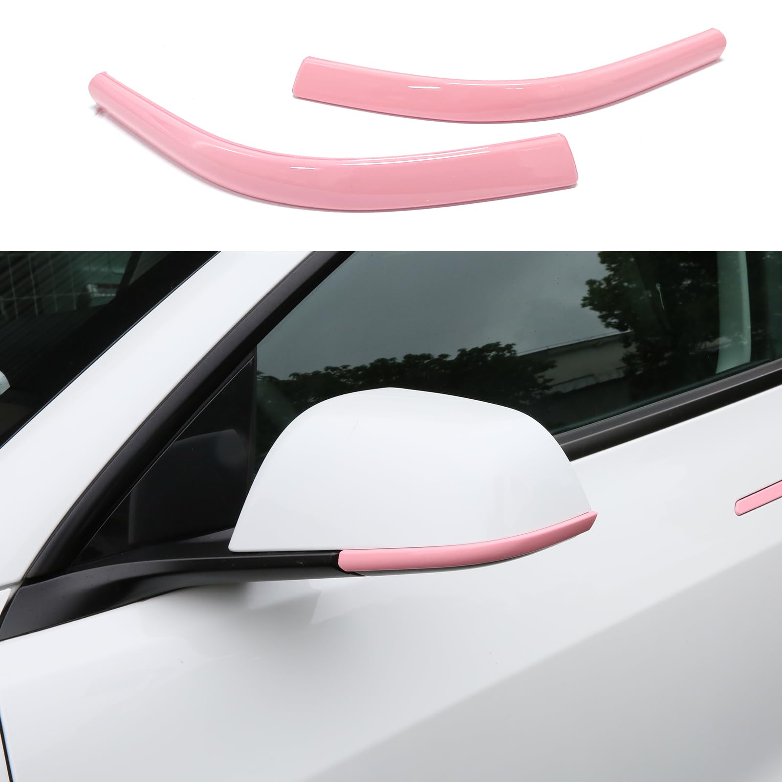Pink side mirror trim strip on Tesla Model 3 Highland redesigned mirror
