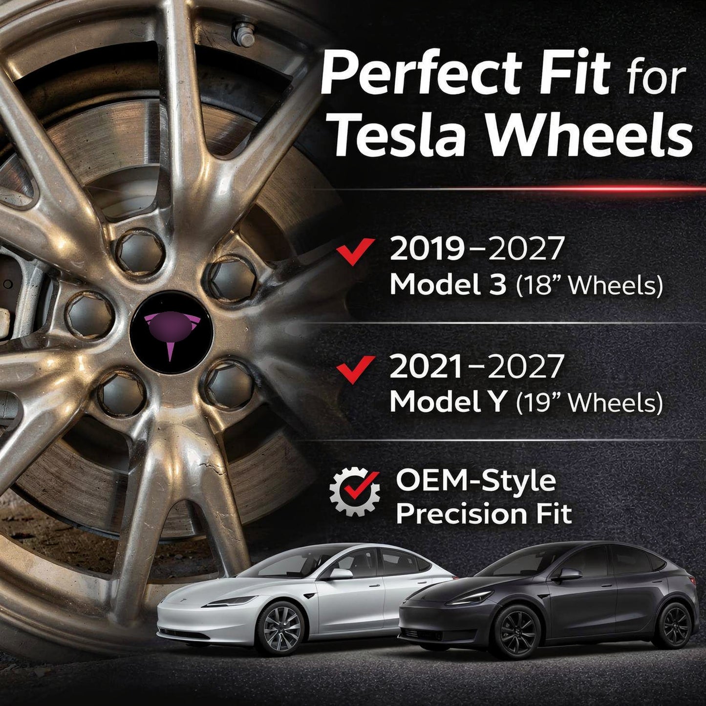 Tesheer Purple Wheel Center Cap Kit for Tesla Model 3/Y – 4 Caps + 20 Lug Covers