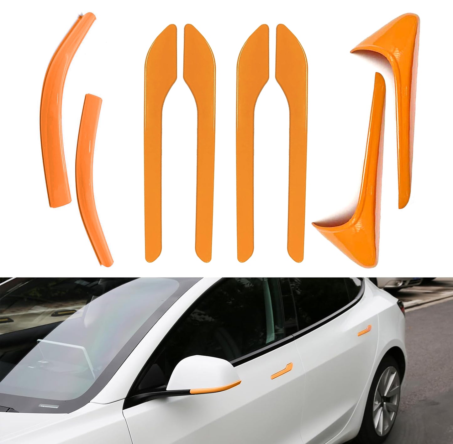 Tesheer 8-piece orange accessories kit for Tesla Model 3 Highland including door handle wraps camera covers and mirror trim strips