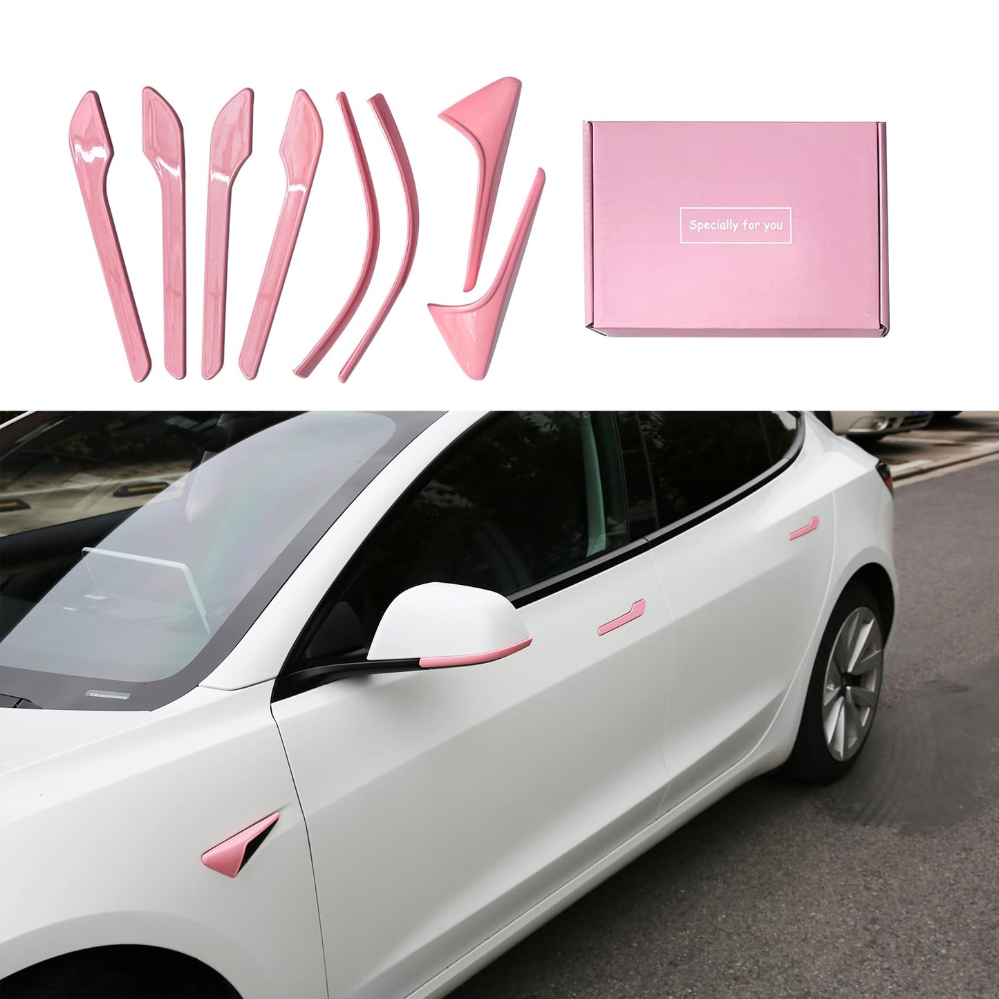 Tesheer 8-piece pink accessories kit for Tesla Model 3 Highland with door handle covers camera covers and mirror trim