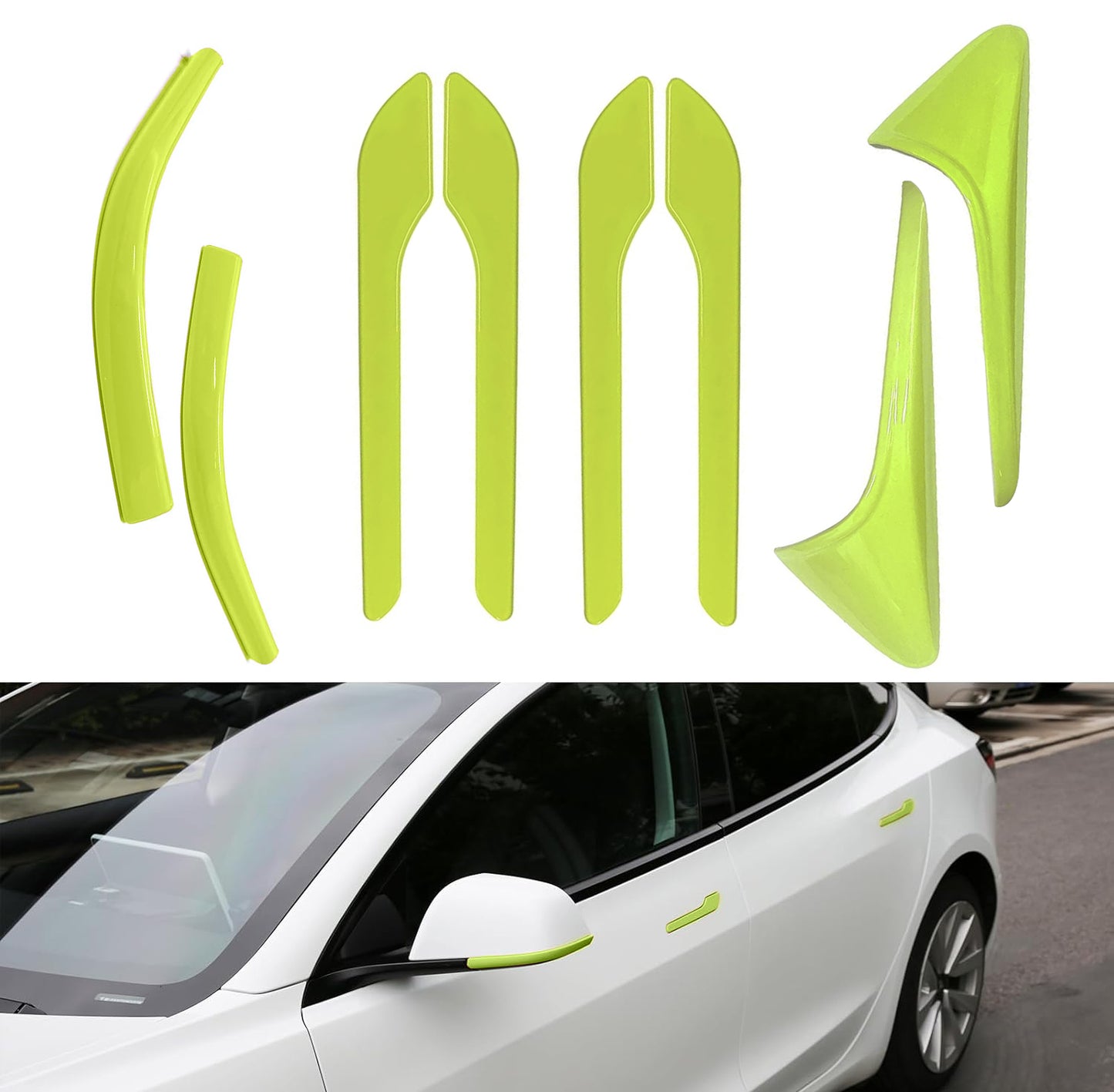 Tesheer 8-piece green accessories kit for Tesla Model Y Juniper including door handle wraps camera covers and mirror trim strips