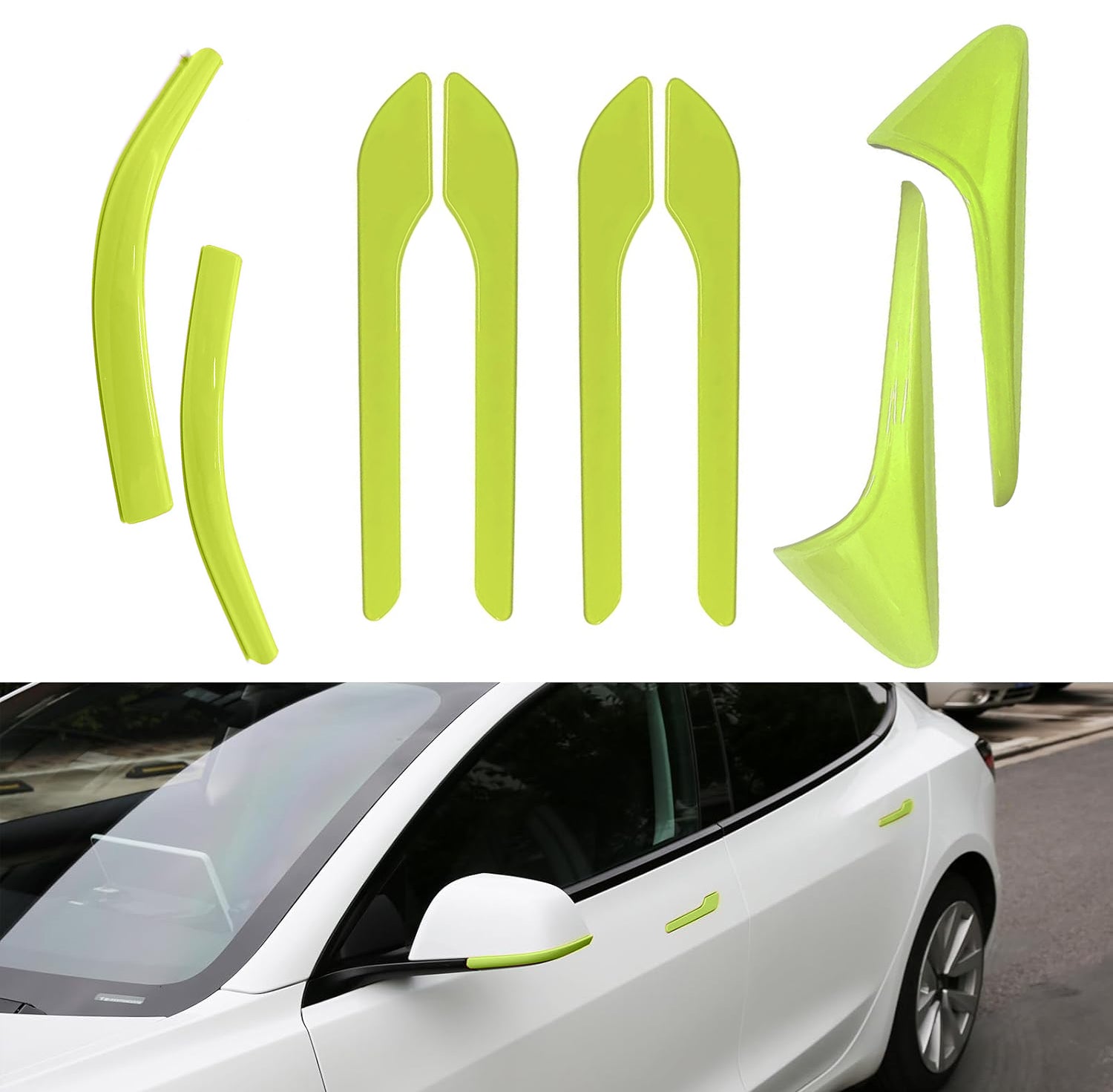 Tesheer 8-piece green accessories kit for Tesla Model Y Juniper including door handle wraps camera covers and mirror trim strips