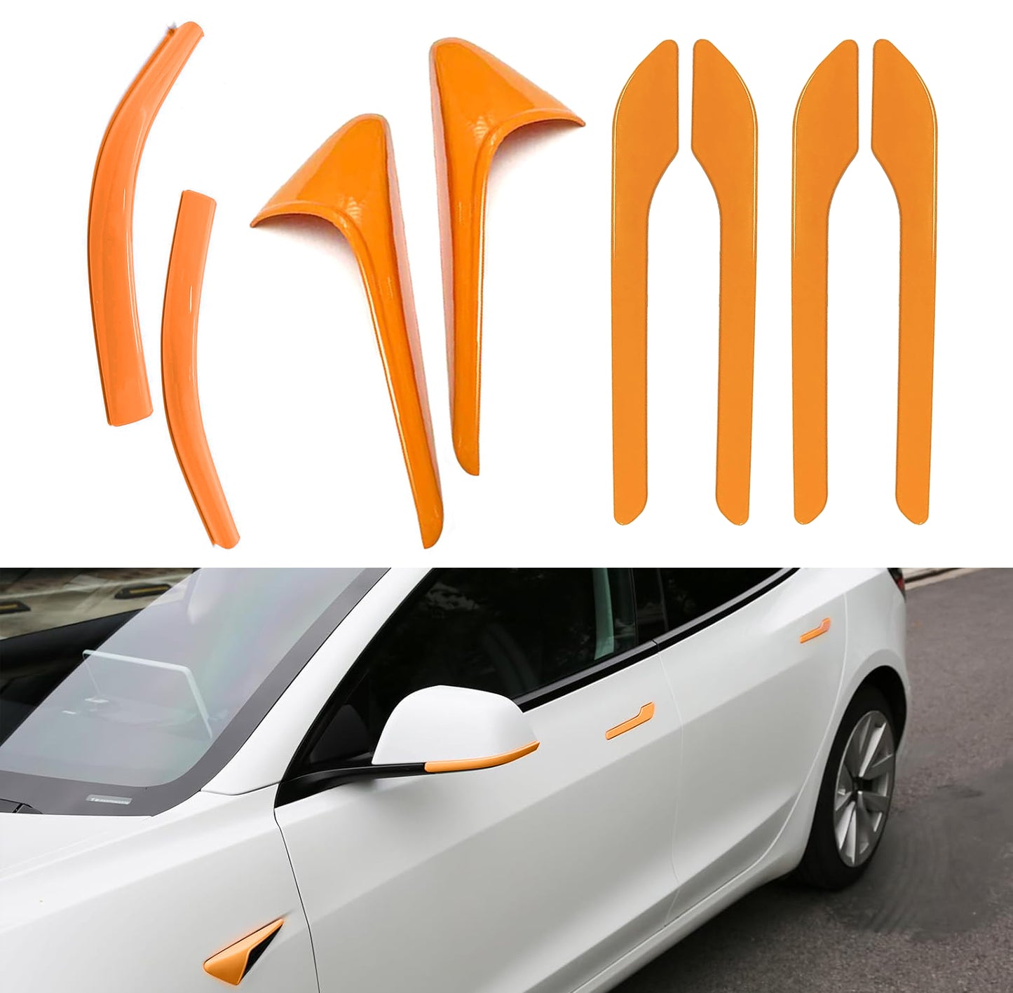 Tesheer 8-piece orange accessories kit for Tesla Model Y Juniper including door handle wraps camera covers and mirror trim strips