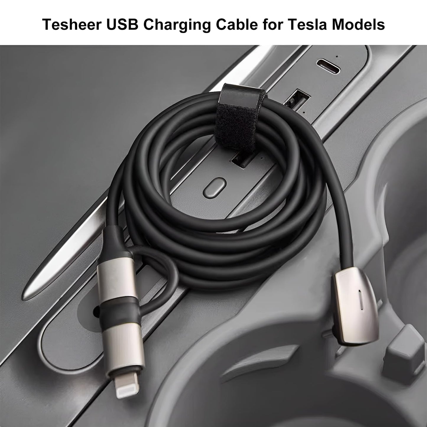 Tesheer 2-in-1 Right-Angle Charging Cable for Tesla – USB-C & Lightning, 4 ft, Up to 60W