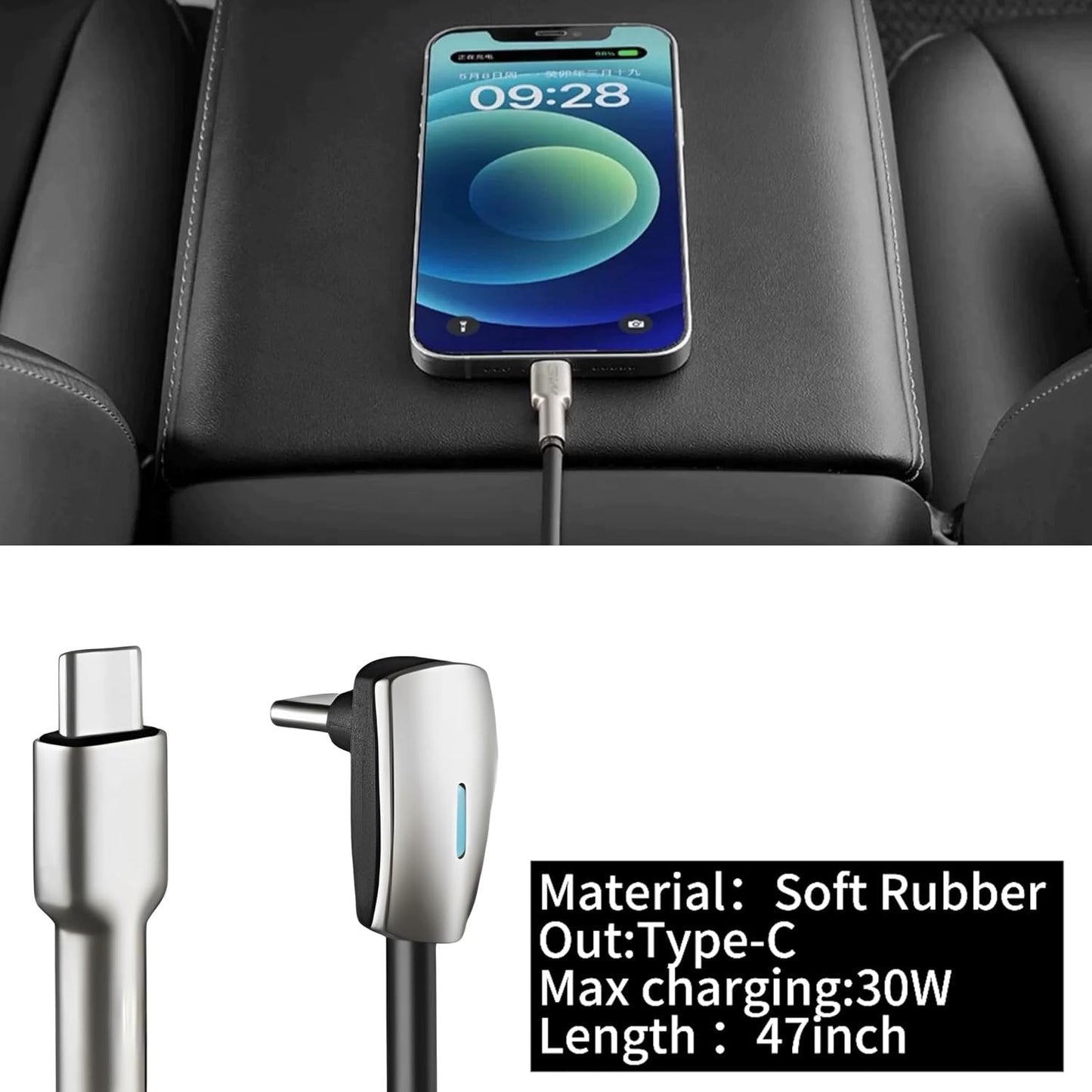 Tesheer 4 ft USB-C to USB-C Car Mount Cable for Tesla Model 3/Y - iPhone 15/Pro/Max & Android