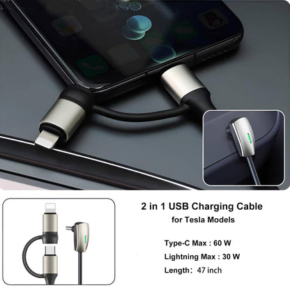 Tesheer 2-in-1 Right-Angle Charging Cable for Tesla – USB-C & Lightning, 4 ft, Up to 60W Tesheer